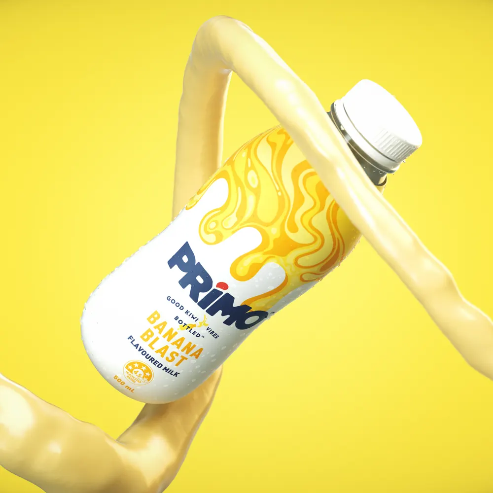 Banana Primo bottle with milk ribbon on yellow