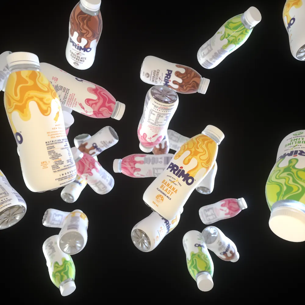 Exploding Primo bottles on black
