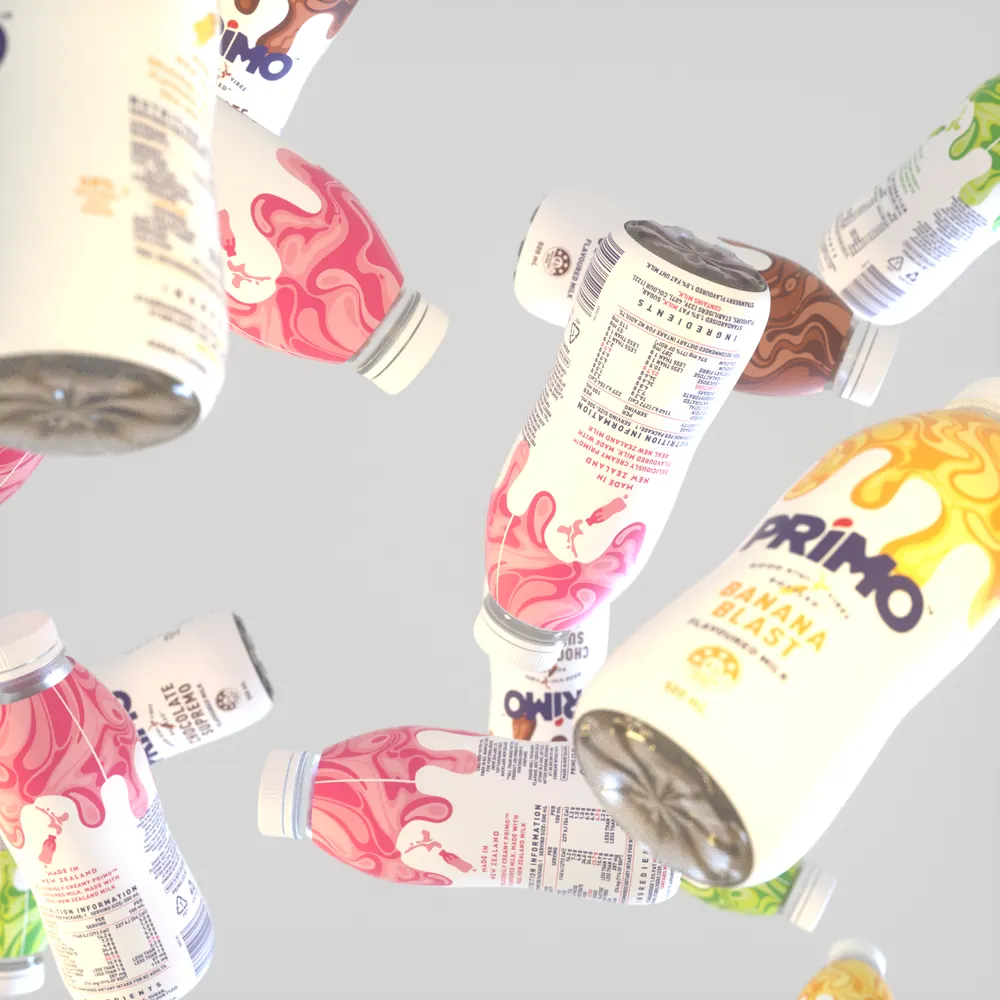 Primo bottles in the air on white