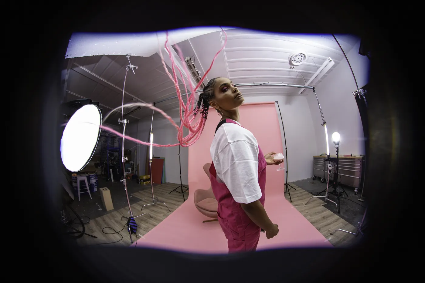 Fisheye shot of the pink studio set