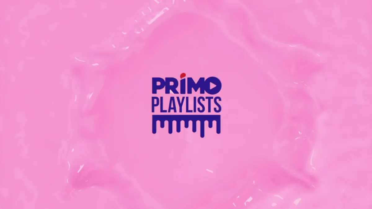 Primo Playlists logo on a pink milk splash