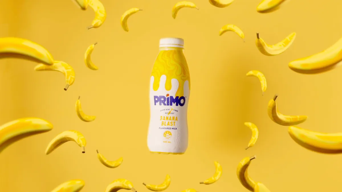 Banana Primo bottle with flying bananas