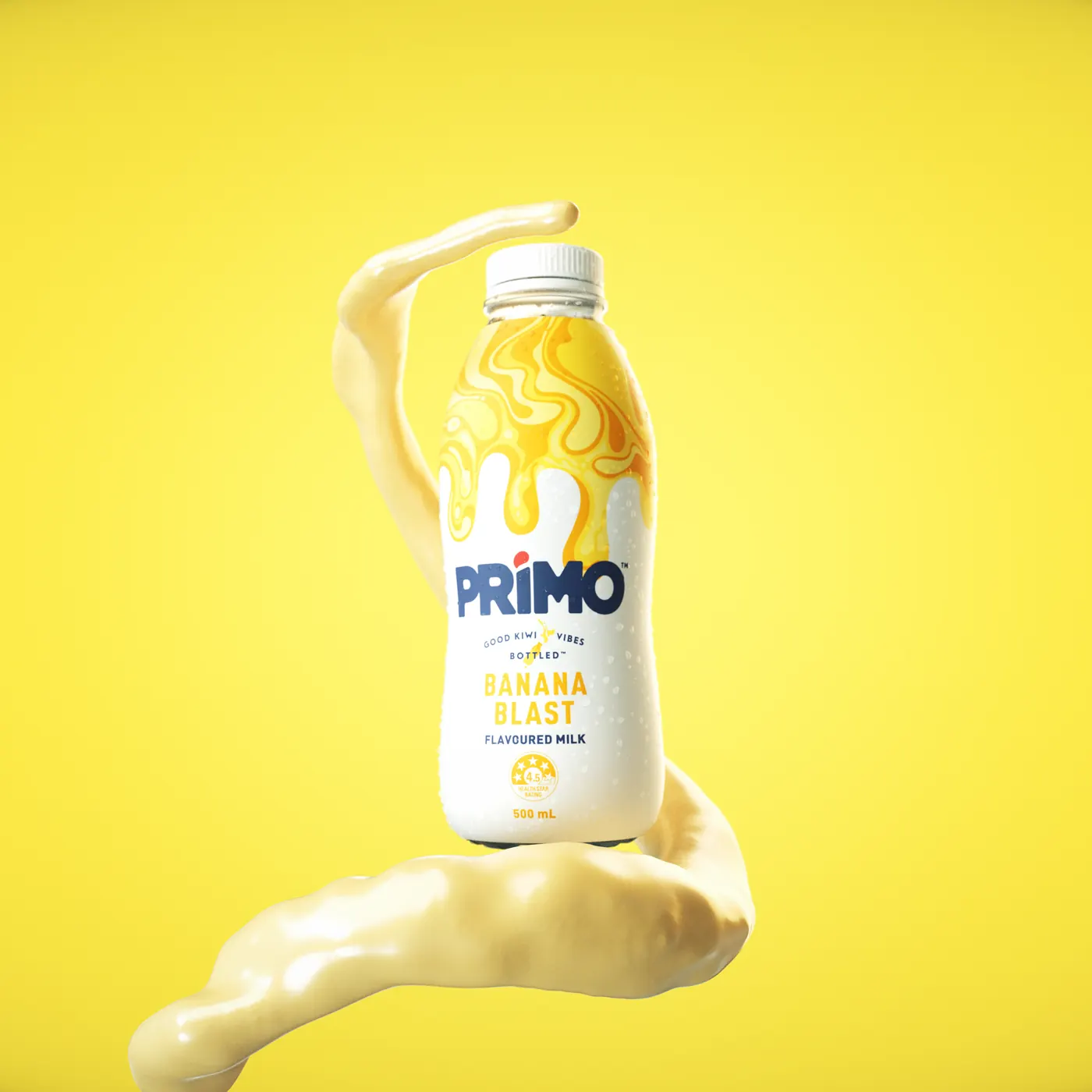 Primo bottle wrapped in a ribbon of milk on yellow