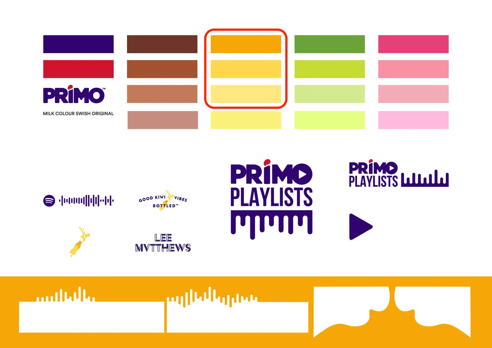 Primo Playlists colour palette and logo lockups
