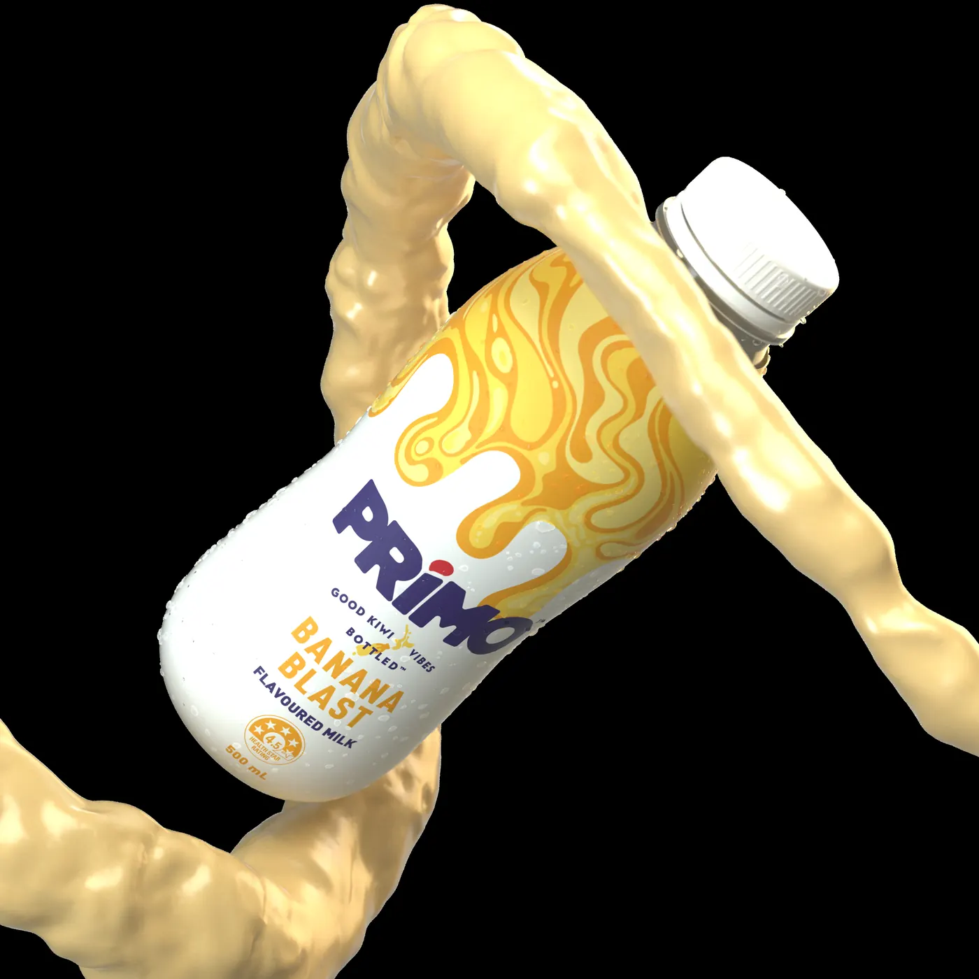 Primo bottle wrapped in a milk spiral on black